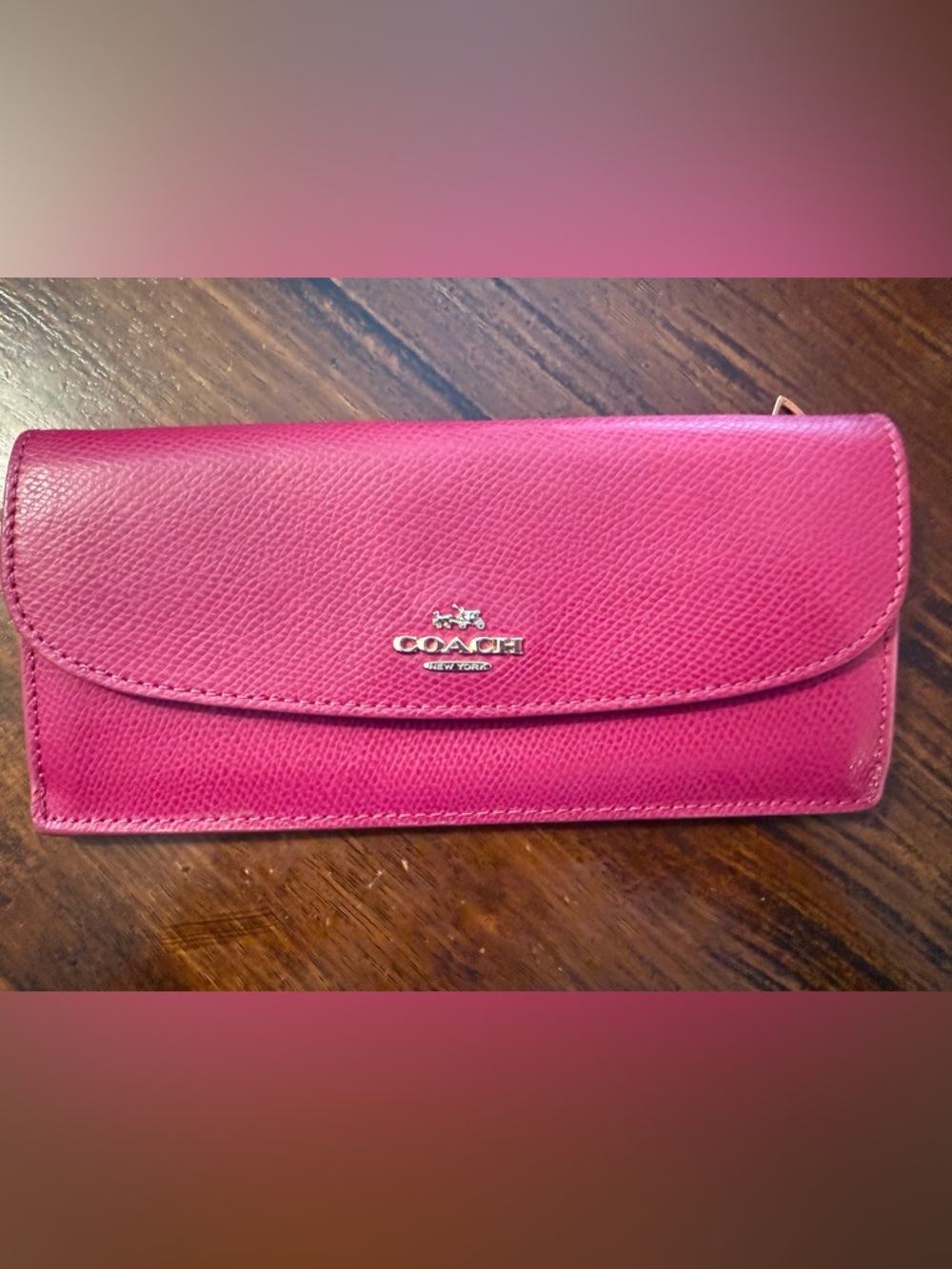 COACH Pink Pebbled Leather Continental Wallet with Metal Logo